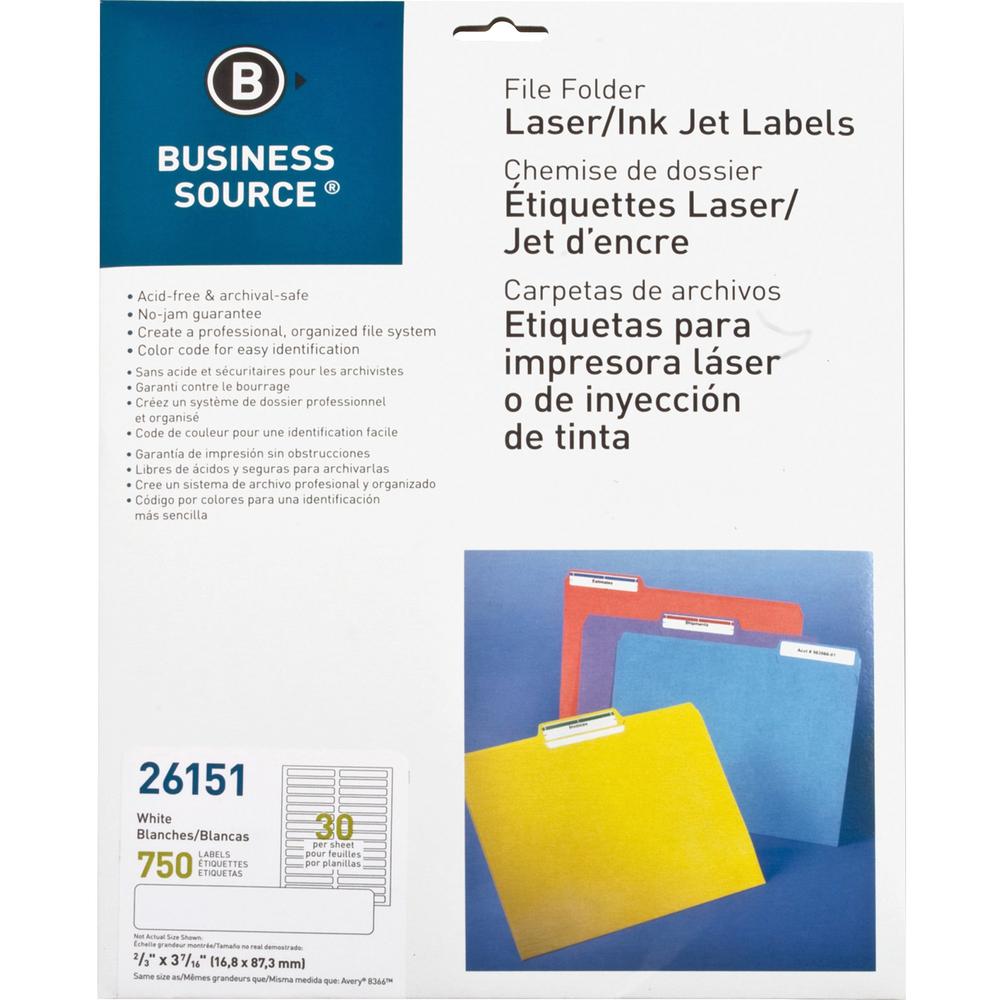 Business Source Laser/Inkjet Permanent File Folder Labels - 43/64" Width x 3 7/16" Length - Permanent Adhesive - Rectangle - Laser, Inkjet - White - 30 / Sheet - 750 / Pack. Picture 1