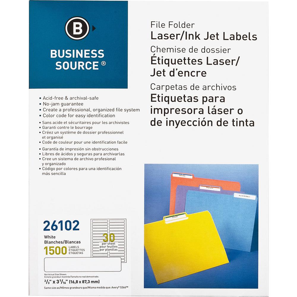 Business Source Laser/Inkjet File Folder Labels - 21/32" Width x 3 7/16" Length - Permanent Adhesive - Rectangle - Laser, Inkjet - White - Paper - 30 / Sheet - 1500 / Pack. Picture 1
