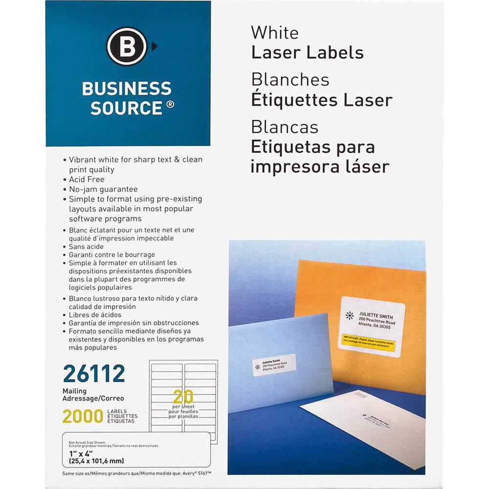 Business Source Bright White Premium-quality Address Labels - 1" Width x 4" Length - Permanent Adhesive - Rectangle - Laser, Inkjet - White - 20 / Sheet - 100 Total Sheets - 2000 / Pack. Picture 1