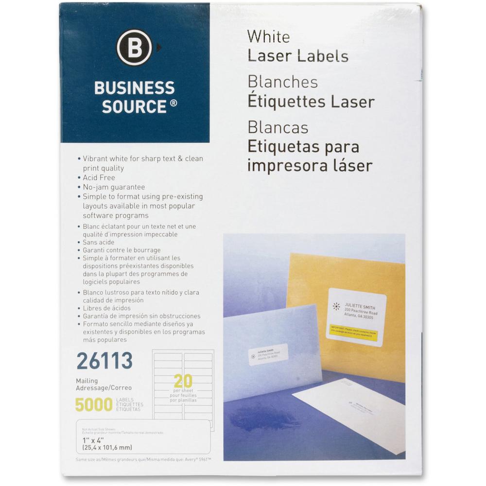Business Source Bright White Premium-quality Address Labels - 1" Width x 4" Length - Permanent Adhesive - Rectangle - Laser, Inkjet - White - 20 / Sheet - 250 Total Sheets - 5000 / Pack. Picture 1