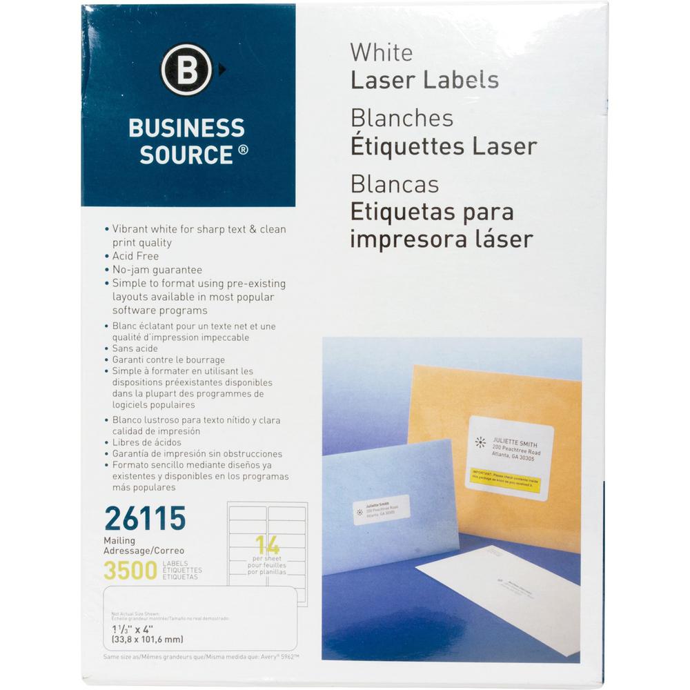 Business Source Bright White Premium-quality Address Labels - 1 1/3" Width x 4" Length - Permanent Adhesive - Rectangle - Laser, Inkjet - White - 14 / Sheet - 250 Total Sheets - 3500 / Pack. Picture 1