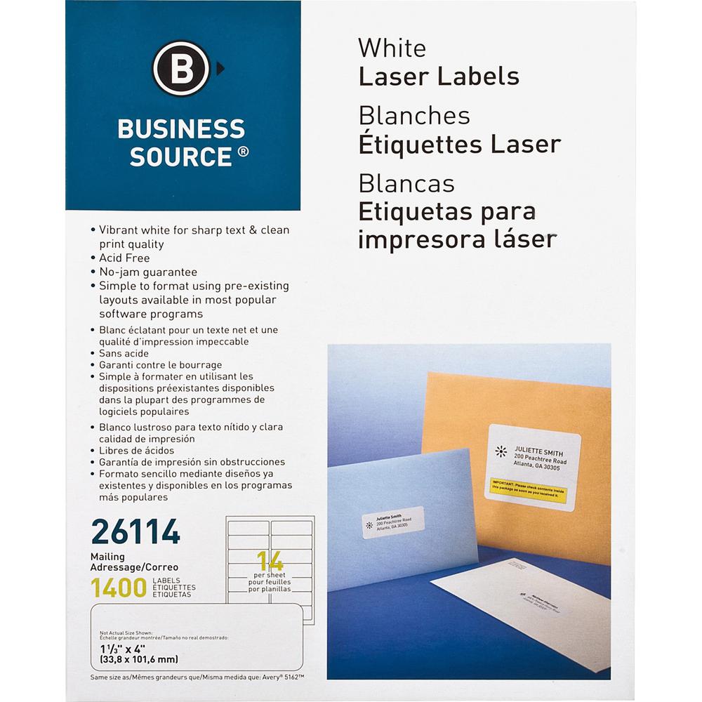Business Source Bright White Premium-quality Address Labels - 1 1/3" Width x 4" Length - Permanent Adhesive - Rectangle - Laser, Inkjet - White - 14 / Sheet - 100 Total Sheets - 1400 / Pack. Picture 1
