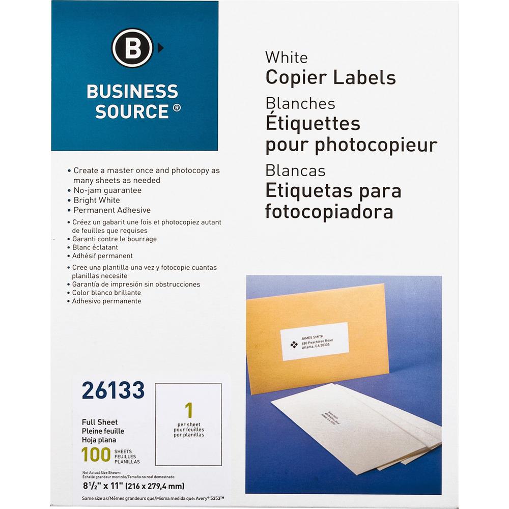 Business Source 8-1/2"x11" Copier Labels - 8 1/2" Width x 11" Length - Rectangle - White - 1 / Sheet - 100 / Pack. Picture 1