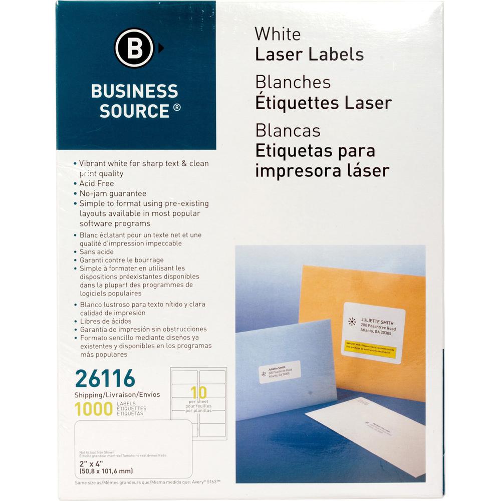 Business Source Bright White Premium-quality Shipping Labels - 2" Width x 4" Length - Permanent Adhesive - Rectangle - Laser, Inkjet - White - 10 / Sheet - 100 Total Sheets - 1000 / Pack. Picture 1