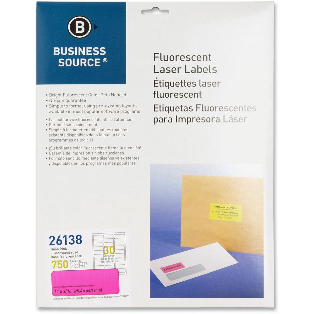 Business Source Neon Labels - 1" Width x 2 5/8" Length - Permanent Adhesive - Rectangle - Laser - Neon Pink - 30 / Sheet - 750 / Pack. Picture 1