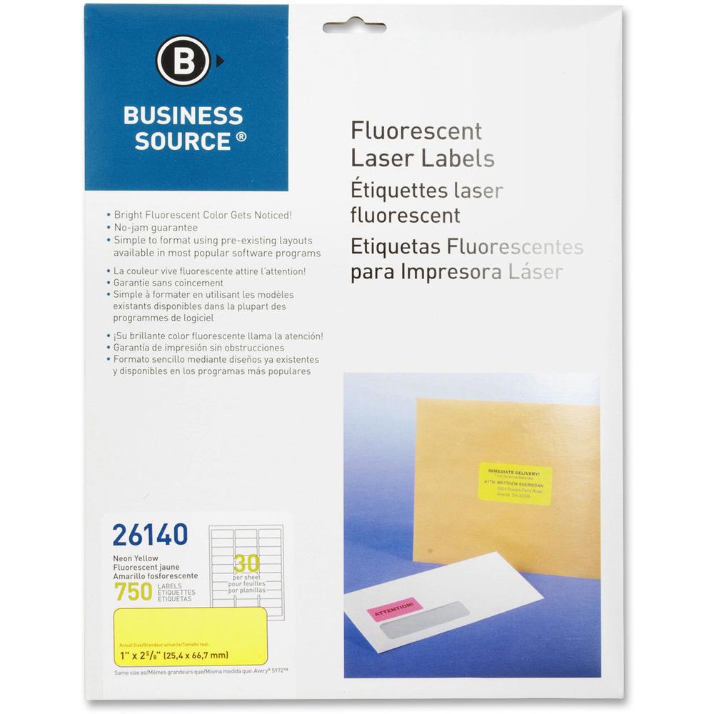 Business Source Neon Labels - 1" Width x 2 5/8" Length - Permanent Adhesive - Rectangle - Laser - Neon Yellow - 30 / Sheet - 750 / Pack. Picture 1