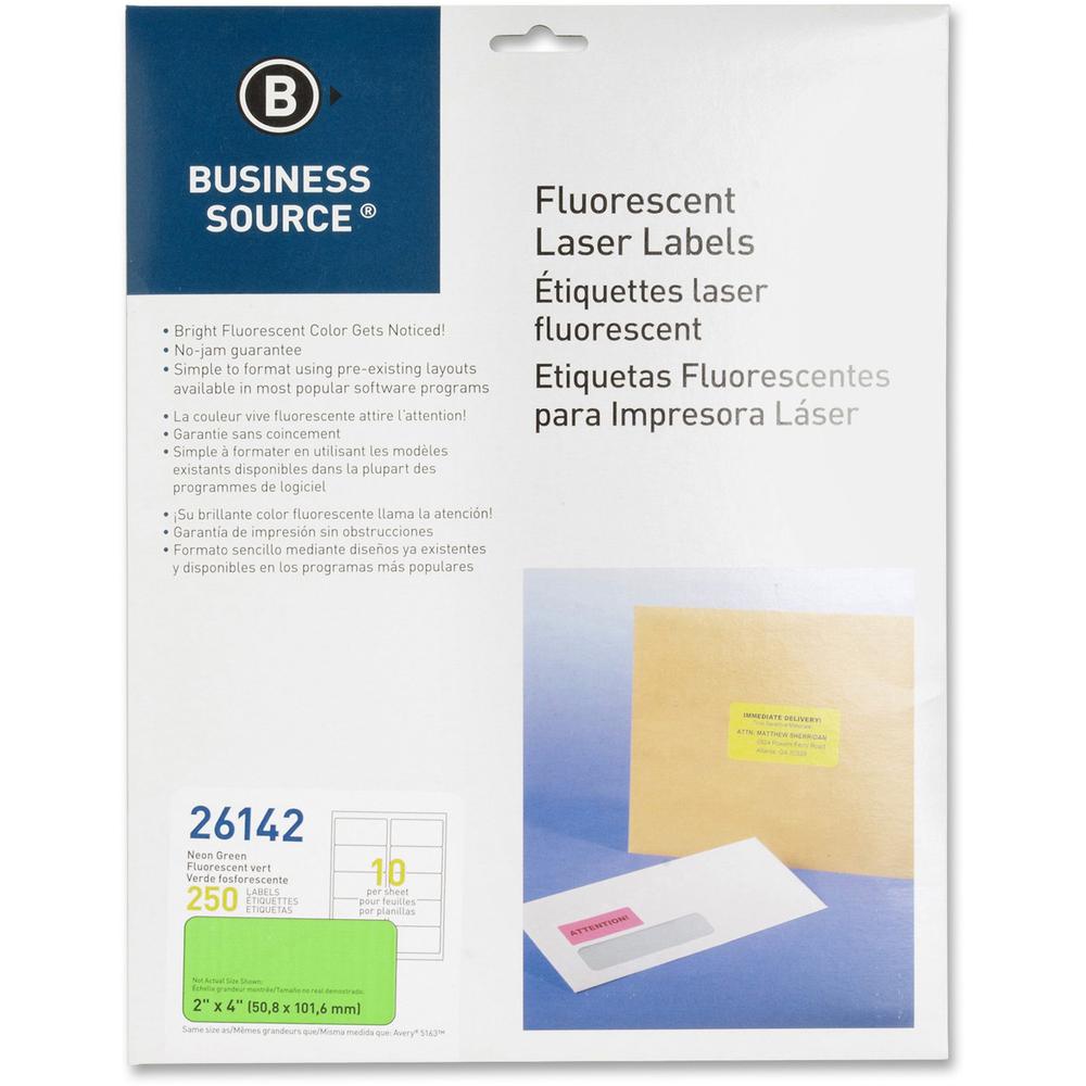 Business Source Neon Labels - 2" Width x 4" Length - Permanent Adhesive - Rectangle - Laser - Neon Green - 10 / Sheet - 250 / Pack. Picture 1