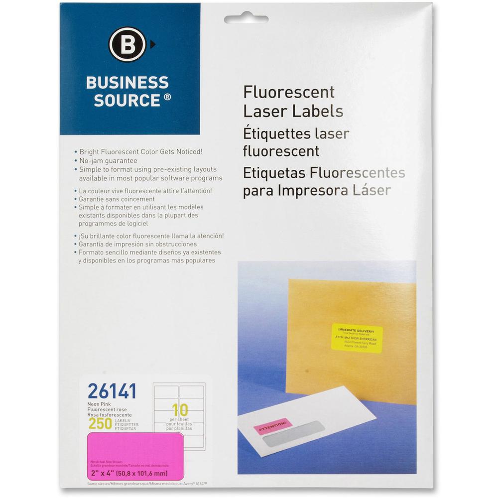 Business Source Neon Labels - 2" Width x 4" Length - Permanent Adhesive - Rectangle - Laser - Neon Pink - 10 / Sheet - 250 / Pack. Picture 1