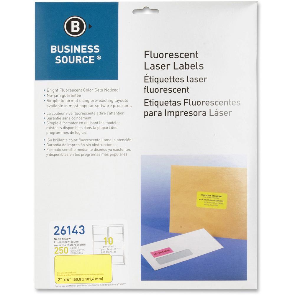 Business Source Neon Labels - 2" Width x 4" Length - Permanent Adhesive - Rectangle - Laser - Neon Yellow - 10 / Sheet - 250 / Pack. Picture 1