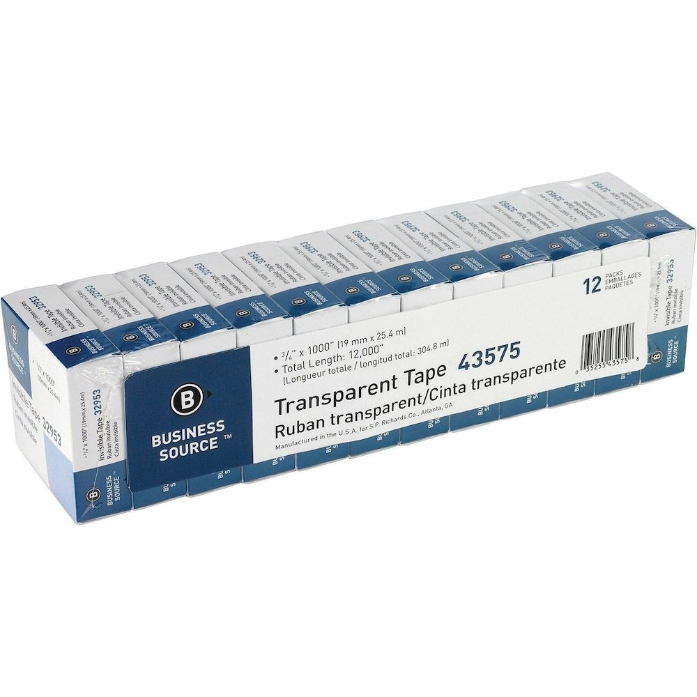 Business Source All-purpose Transparent Glossy Tape - 27.78 yd Length x 0.75" Width - 1" Core - Clear - For Sealing, Mending, Protecting - 12 / Pack. Picture 1