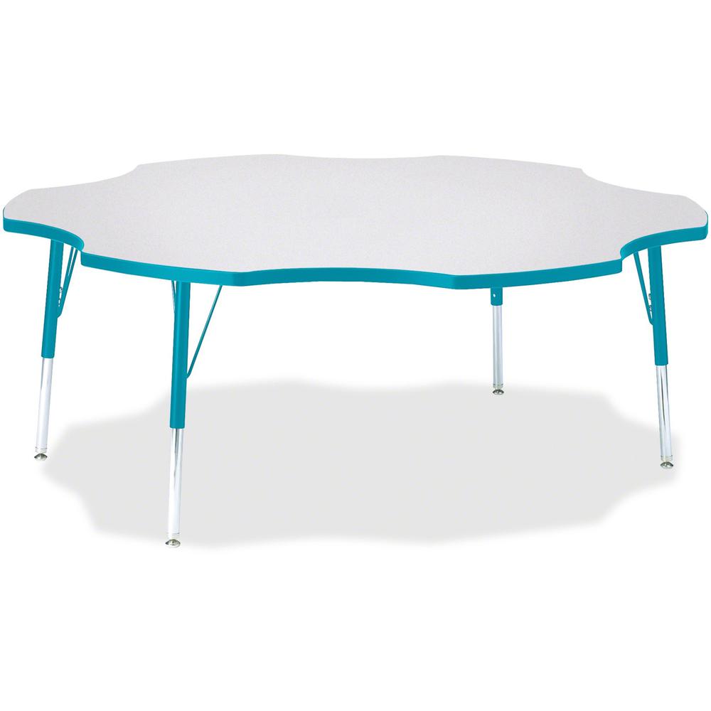 Jonti-Craft Berries Elementary Height Prism Six-Leaf Table - Laminated, Teal Top - Four Leg Base - 4 Legs - Adjustable Height - 15" to 24" Adjustment x 1.13" Table Top Thickness x 60" Table Top Diamet. Picture 1