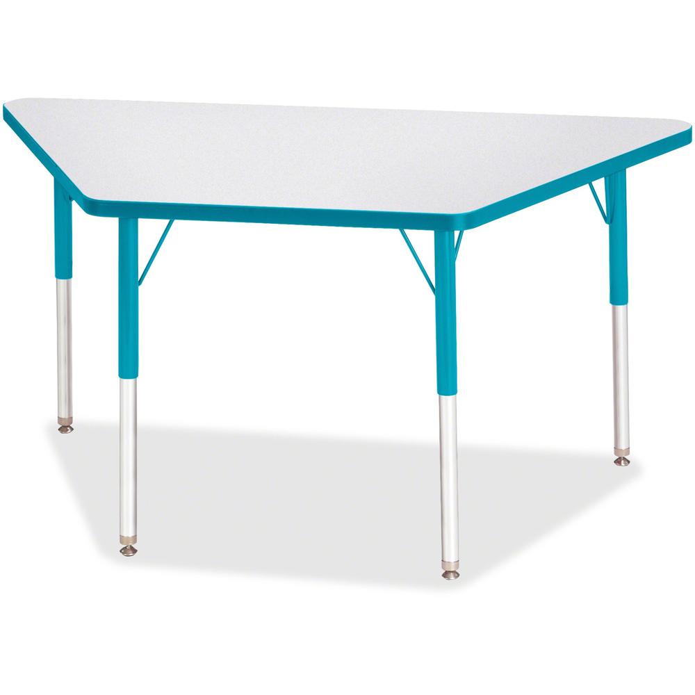 Jonti-Craft Berries Adult-Size Gray Laminate Trapezoid Table - Laminated Trapezoid, Teal Top - Four Leg Base - 4 Legs - Adjustable Height - 24" to 31" Adjustment - 48" Table Top Length x 24" Table Top. Picture 1