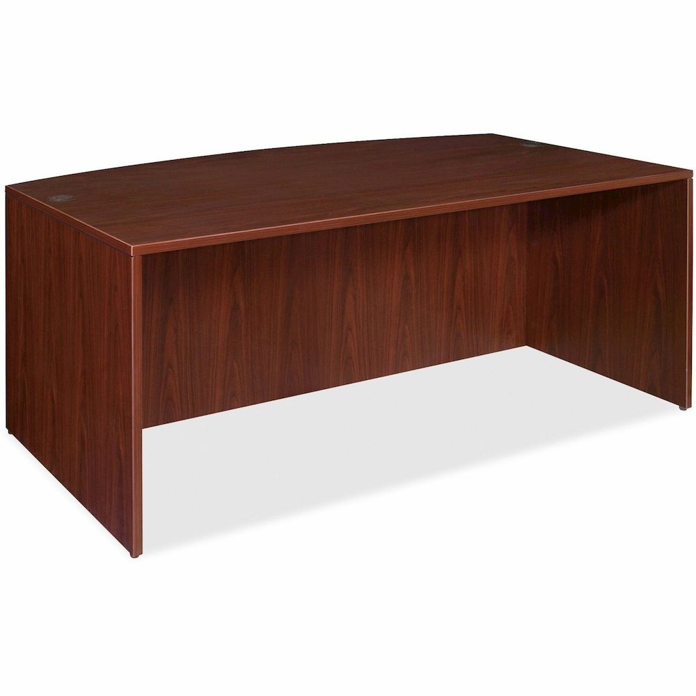 Lorell Essentials Series Bowfront Desk Shell - 29.5" Height x 70.9" Width x 41.4" Depth x 1" Thickness - Finish: Laminate, Mahogany - Grommet, Modesty Panel, Durable, Adjustable Feet - 1 Each. Picture 1
