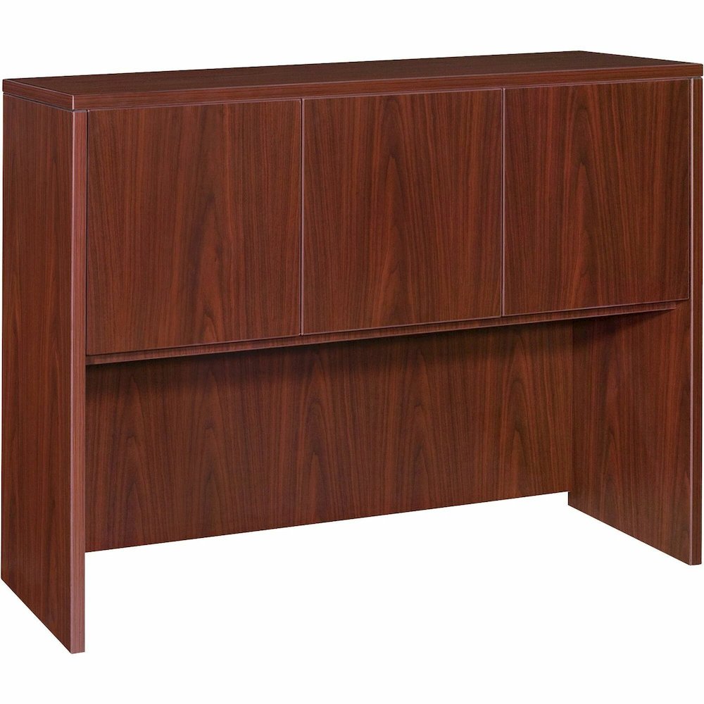 Lorell Essentials Series Stack-on Hutch with Doors - 36" Height x 47.3" Width x 14.8" Depth - 3 Door(s) - Finish: Laminate, Mahogany - Grommet, Cord Management, Durable - 1 Each. Picture 1
