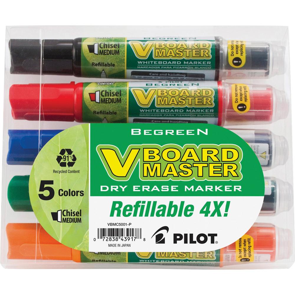 Pilot BeGreen Refillable VBoard Dry-erase Marker - Broad Marker Point - Chisel Marker Point Style - Refillable - Orange, Green, Blue, Black, Red - 5 / Pack. Picture 1