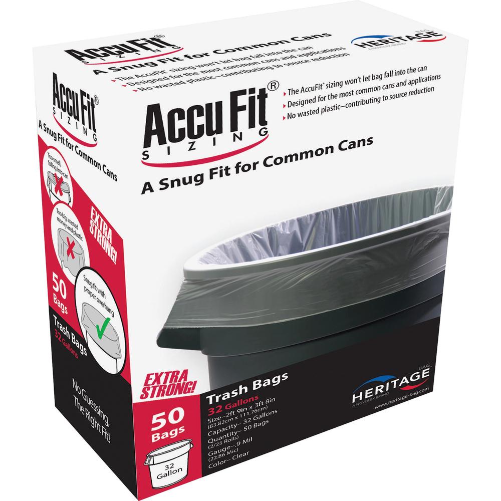 Heritage Accufit Reprime 32 Gallon Can Liners - 32 gal Capacity - 33" Width x 44" Length - 0.90 mil (23 Micron) Thickness - Low Density - Clear - Linear Low-Density Polyethylene (LLDPE) - 50/Box - Gar. Picture 1