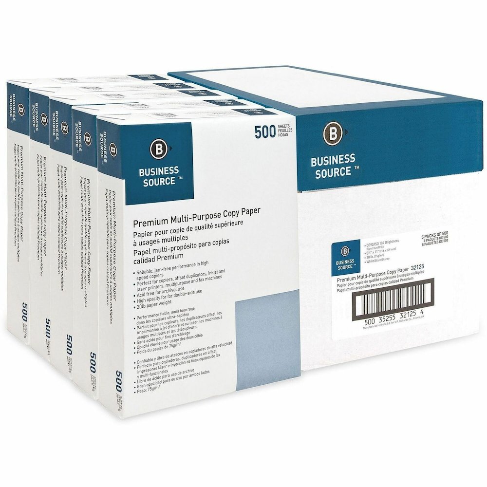 Business Source Premium Multipurpose Copy Paper - White - 92 Brightness - Letter - 8 1/2" x 11" - 20 lb Basis Weight - Acid-free - White - 2500 Sheets - 500 Sheets per Ream - 5 / Carton. Picture 1