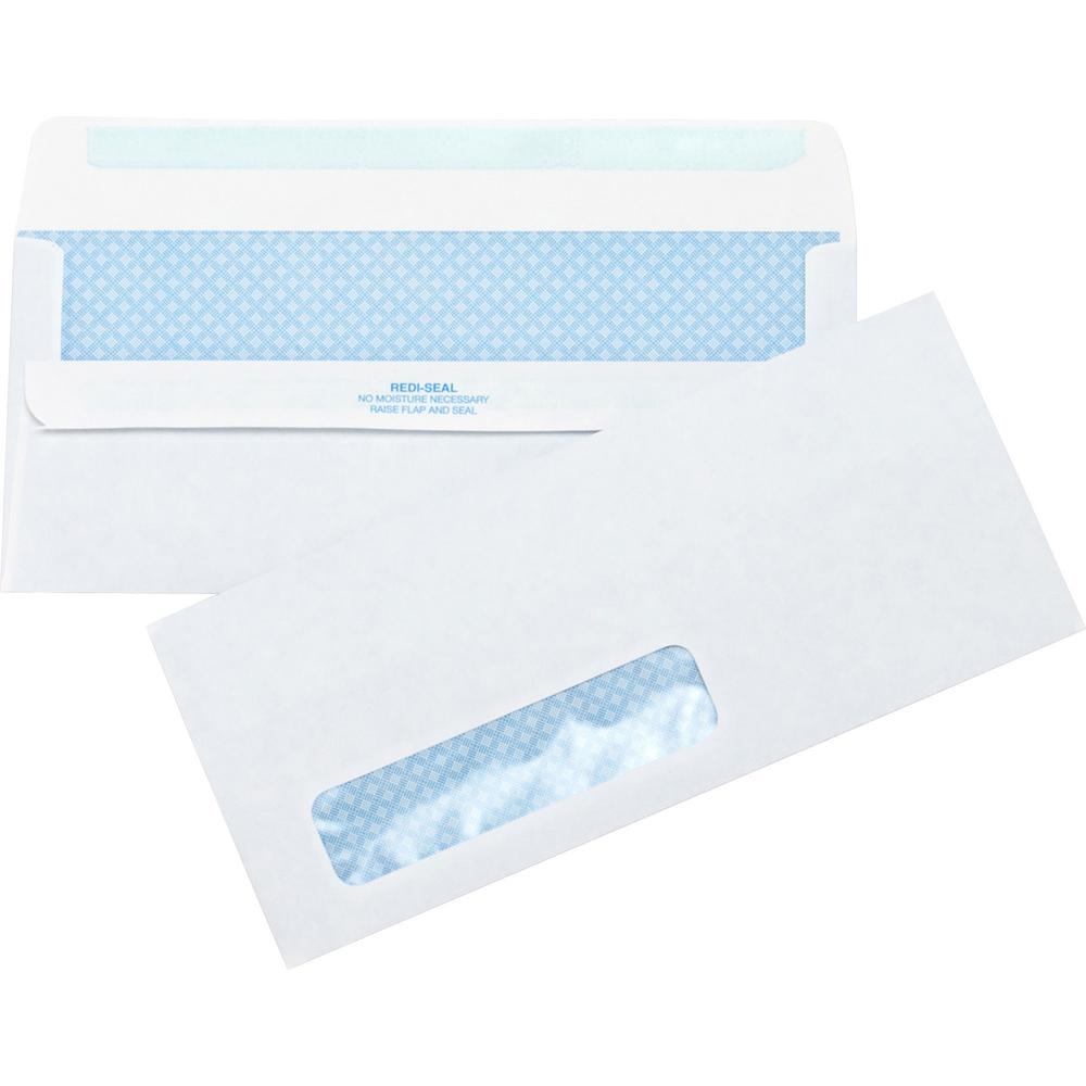 Business Source No.10 Standard Window Invoice Envelopes - Single Window - 9 1/2" Width x 4 1/2" Length - 24 lb - Self-sealing - White - Poly - 1 Box. Picture 1