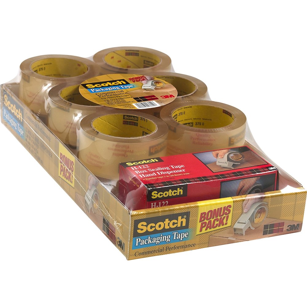 Scotch Premium Packaging Tape with Dispenser - 54.60 yd Length x 1.88" Width x 3.1 mil Thickness - 3" Core - Clear - Synthetic Rubber Resin - Dispenser Included - For Sealing, Splicing, Packing - 12 /. Picture 1
