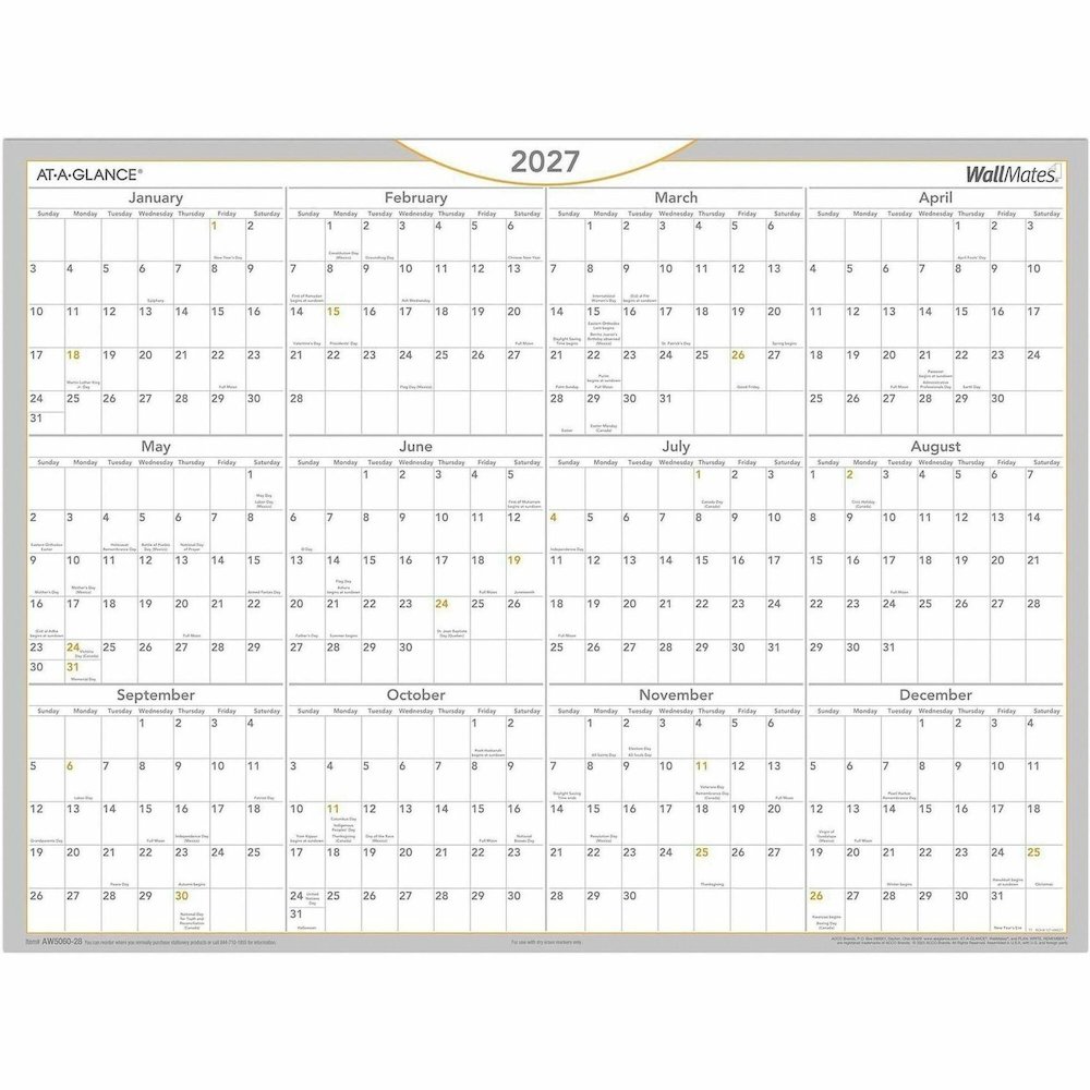 At-A-Glance WallMates Self-Adhesive Dry-Erase Calendar - Large - Yearly - 12 Month - January 2026 to December 2026 - 18" x 24" Sheet Size - White Sheet - White - Laminate - 1 Each. Picture 1