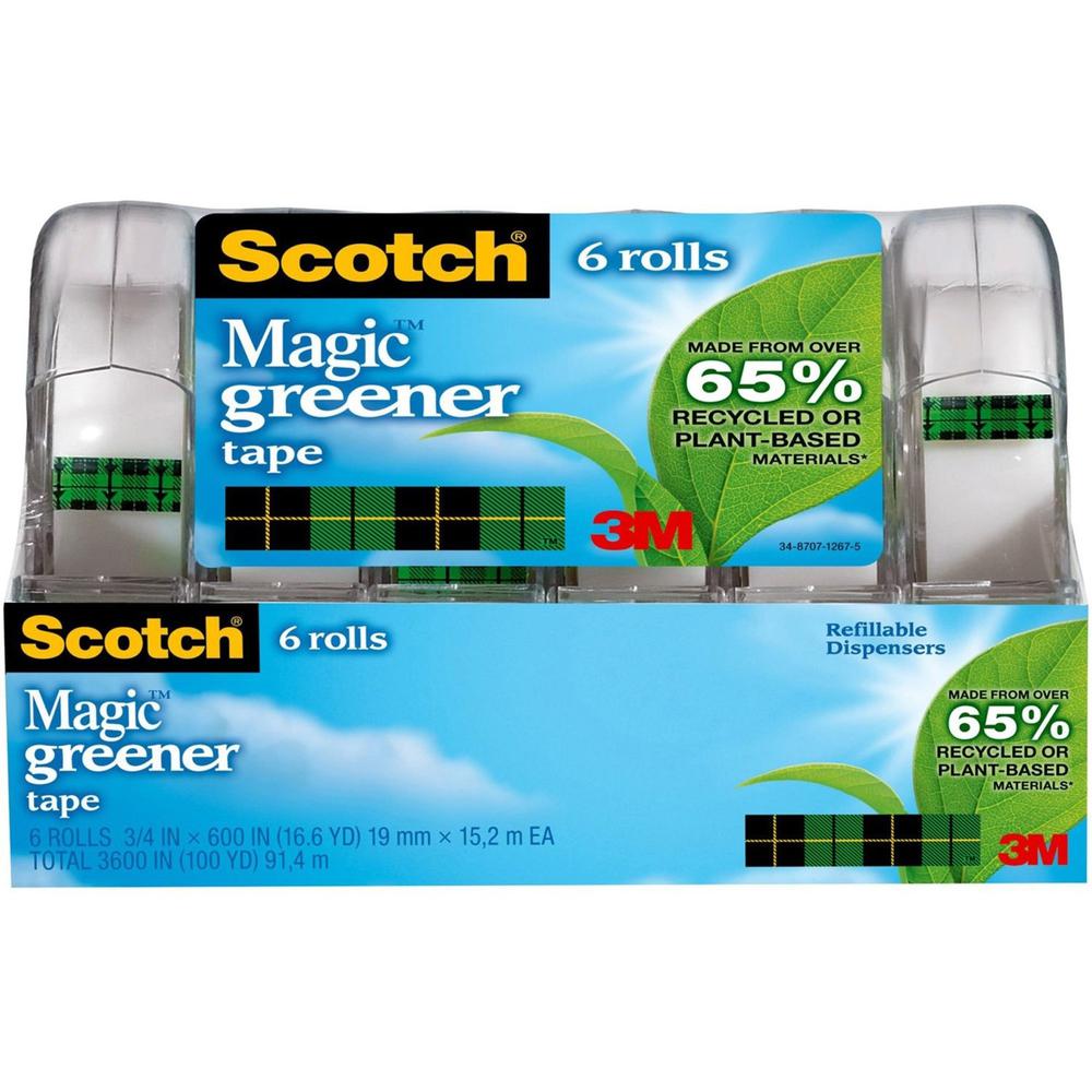 Scotch 3/4"W Magic Greener Tape - 16.67 yd Length x 0.75" Width - 1" Core - Matte - Clear - Dispenser Included - Handheld Dispenser - Split Resistant, Tear Resistant - For Packing - 6 / Pack. Picture 1