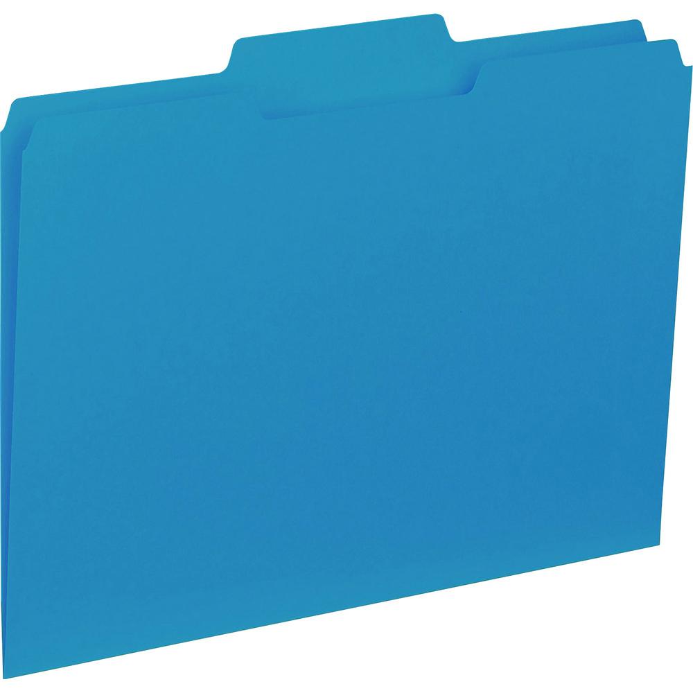 Business Source 1/3 Tab Cut Letter Recycled Top Tab File Folder - 8 1/2" x 11" - Top Tab Location - Assorted Tab Position - 11 pt. - 1 Plys - Blue - 10% Recycled - 100 / Box. Picture 1