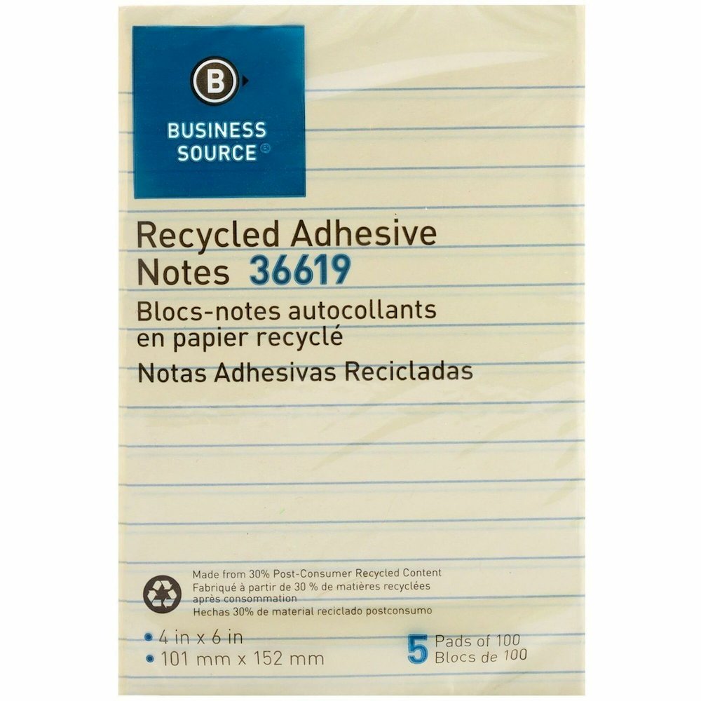 Business Source Yellow Adhesive Notes - 4" Flag/Note Width x 6" Flag/Note Length - Rectangle - Ruled - Yellow - Self-adhesive, Removable - Recycled - 5 / Pack. Picture 1