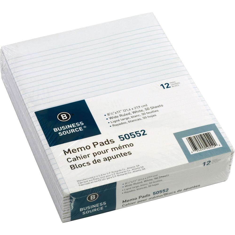 Business Source Glued Top Ruled Memo Pads - Letter - 50 Sheets - Glue - Wide Ruled Front Ruling - 16 lb Basis Weight - Letter - 8 1/2" x 11" Sheet Size - White Paper - 1 Dozen. Picture 1
