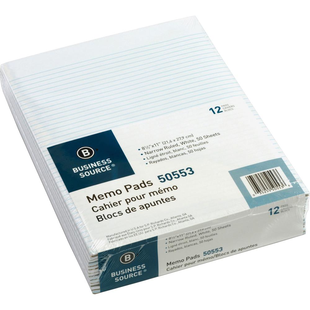 Business Source Glued Top Ruled Memo Pads - Letter - 50 Sheets - Glue - Narrow Ruled Front Ruling - 16 lb Basis Weight - Letter - 8 1/2" x 11" Sheet Size - White Paper - 12 / Dozen. Picture 1
