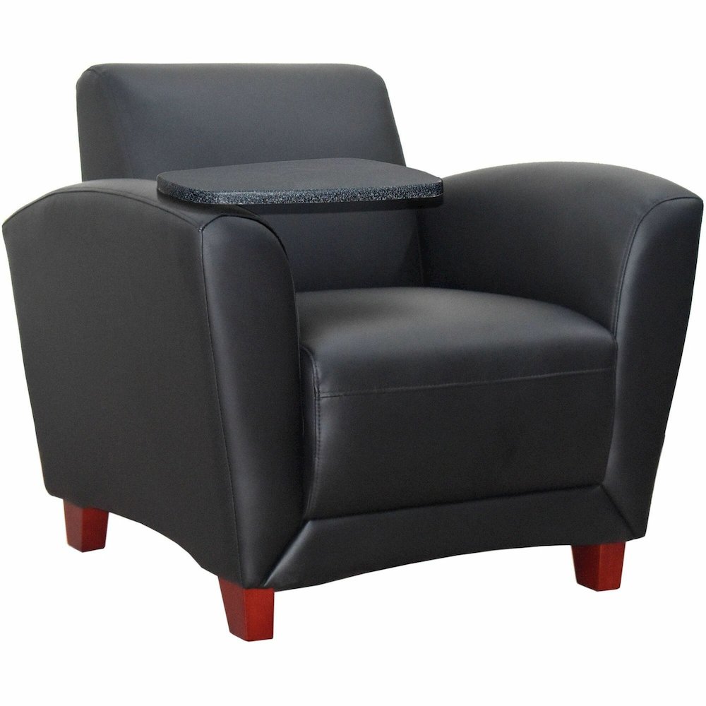 Lorell Accession Club Chair with Tablet Tray - Black Leather Seat - Four-legged Base - 1 Each. Picture 1