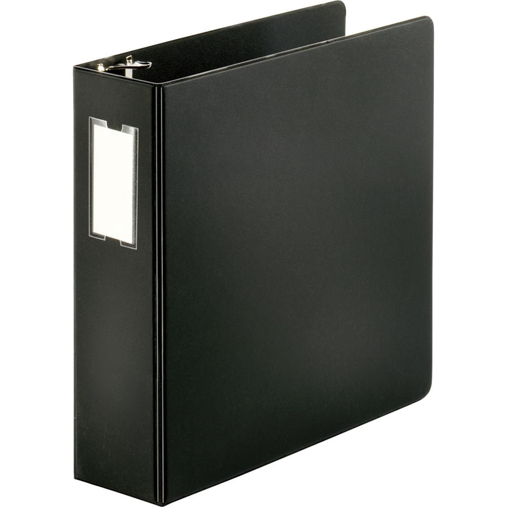 Business Source Slanted D-ring Binders - 3" Binder Capacity - 3 Ring - Fastener: D-Ring - Pocket: 2, Internal - Chipboard, Polypropylene - Black - No - Refillable, Non-stick, Spine Label, Gap-free Rin. Picture 1
