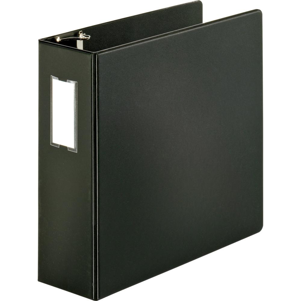 Business Source Slanted D-ring Binders - 4" Binder Capacity - 3 Ring - Fastener: D-Ring - Pocket: 2, Internal - Chipboard, Polypropylene - Black - No - PVC-free, Non-stick, Spine Label, Gap-free Ring,. Picture 1