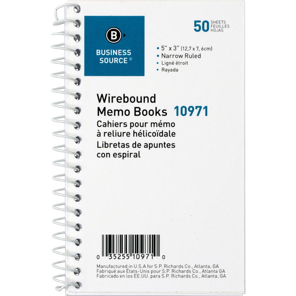 Business Source Side Wirebound Ruled Memo Book - 50 Sheet(s) - Wire Bound - 3" x 5" Sheet Size - White - 1 Dozen. Picture 1
