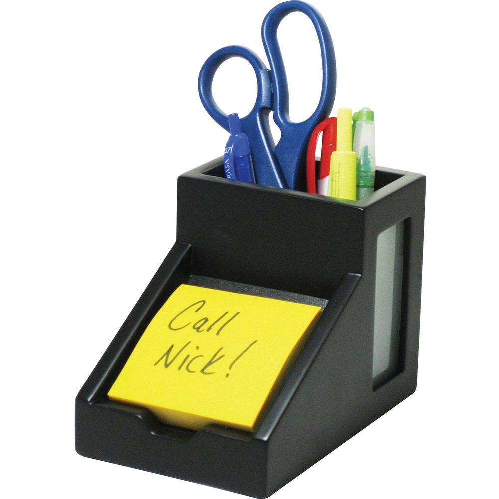 Victor 9505-5 Midnight Black Pencil Cup with Note Holder - 4.4" x 5.6" x 3.9" - Wood, Glass - 1 Each - Black. Picture 1