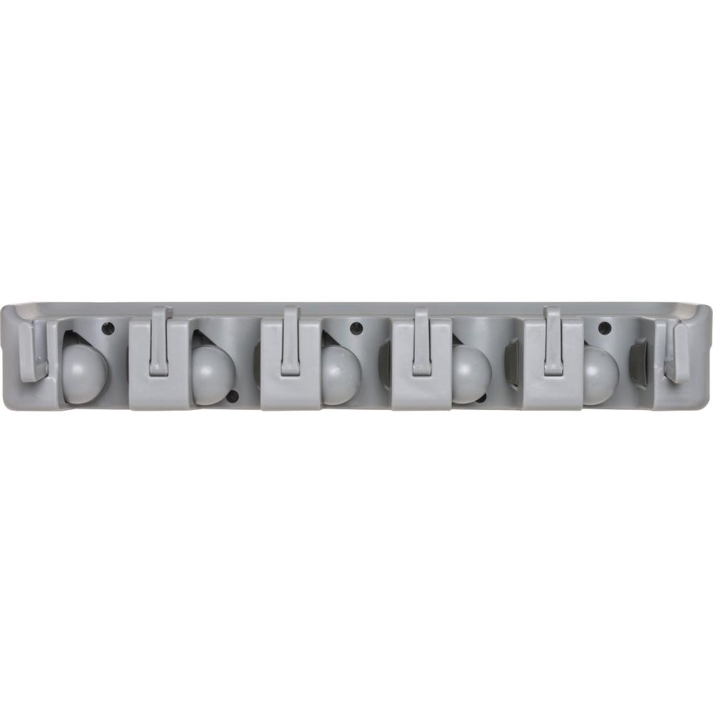 Genuine Joe Cleaning Tool Wall Organizer Rack - 5 x Broom - 3.8" Height x 16.5" Width x 2.8" Depth - Handle, Hanging Hook, Sturdy - Gray - ABS Plastic - 1 Each. Picture 1
