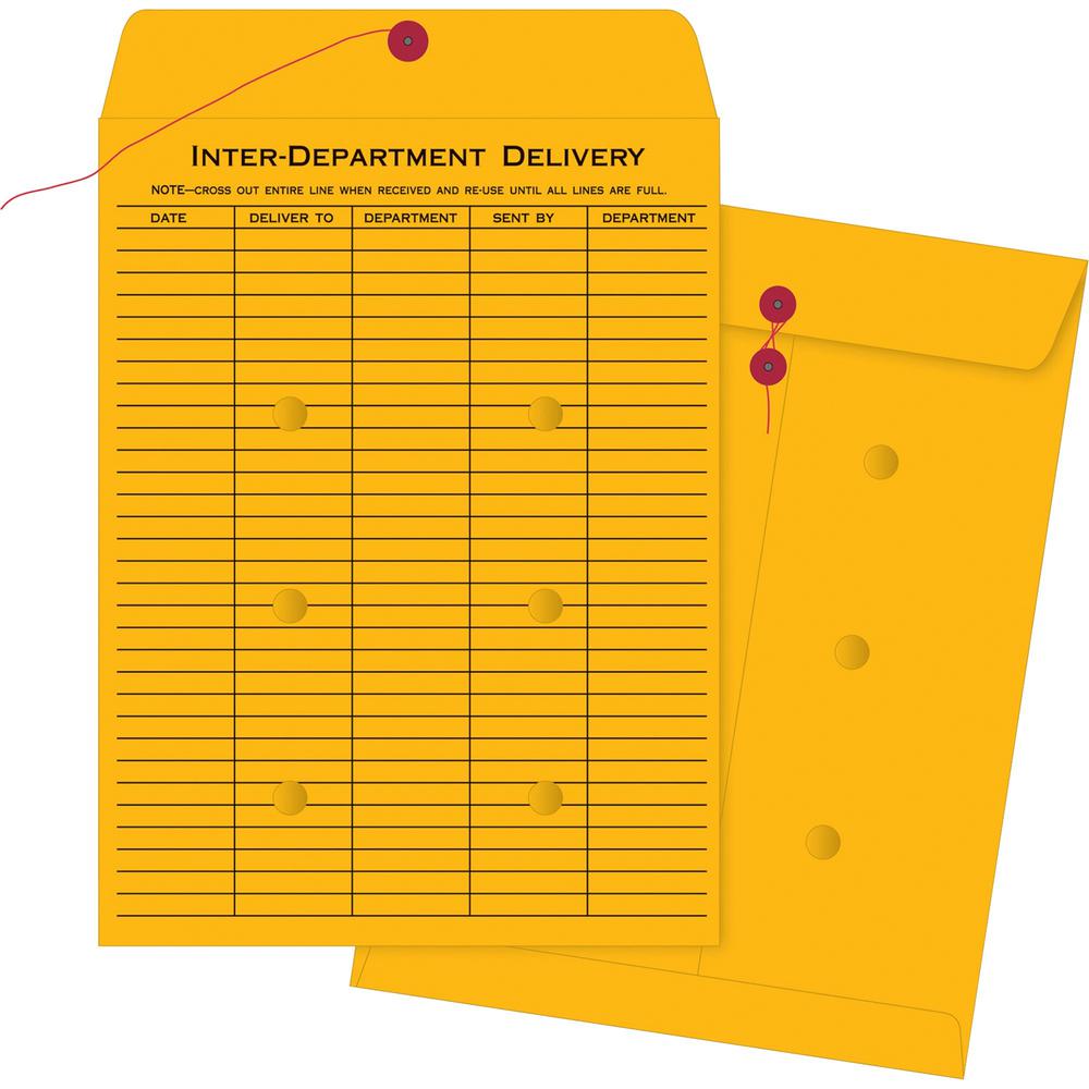 Business Source Ruled Interdepartmental Envelopes - Inter-department - #32 - 10" Width x 15" Length - 32 lb - String/Button - Kraft - 100 / Box - Brown Kraft. Picture 1