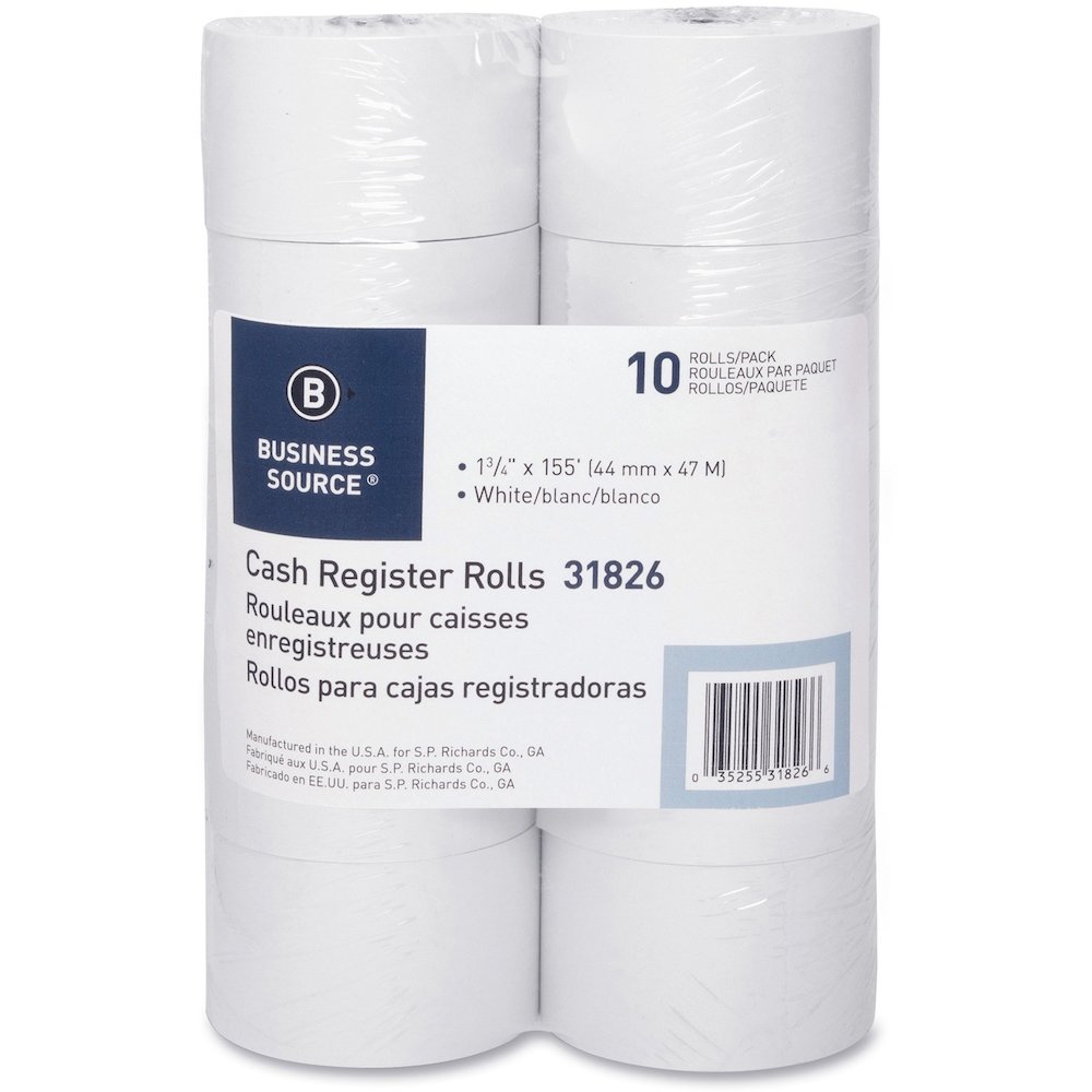 Business Source 1-Ply 155' Adding Machine Paper Rolls - 1 3/4" x 155 ft - 13.80 lb Basis Weight - Sustainable Forestry Initiative (SFI) - Lint-free - White - 1 Pack. Picture 1