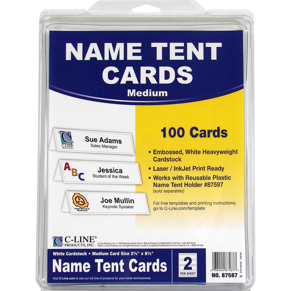 C-Line Embossed Cardstock Name Tents - Letter - 8 1/2" x 11" - 100 / Box - White. Picture 1