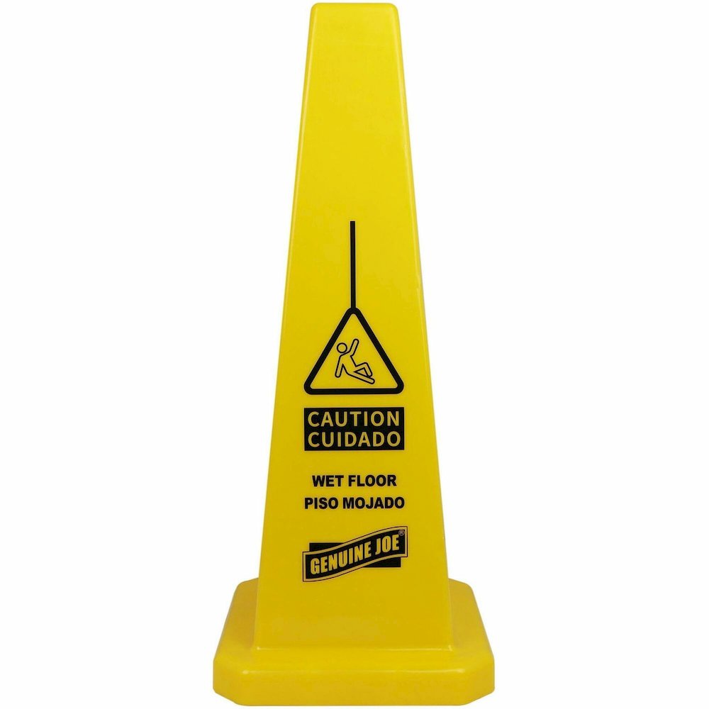 Genuine Joe Bright 4-sided Caution Safety Cone - English, Spanish - 10" Width x 24" Height x 10" Depth - Cone Shape - Stackable - Industrial - Polypropylene - Yellow - 1 Each. Picture 1