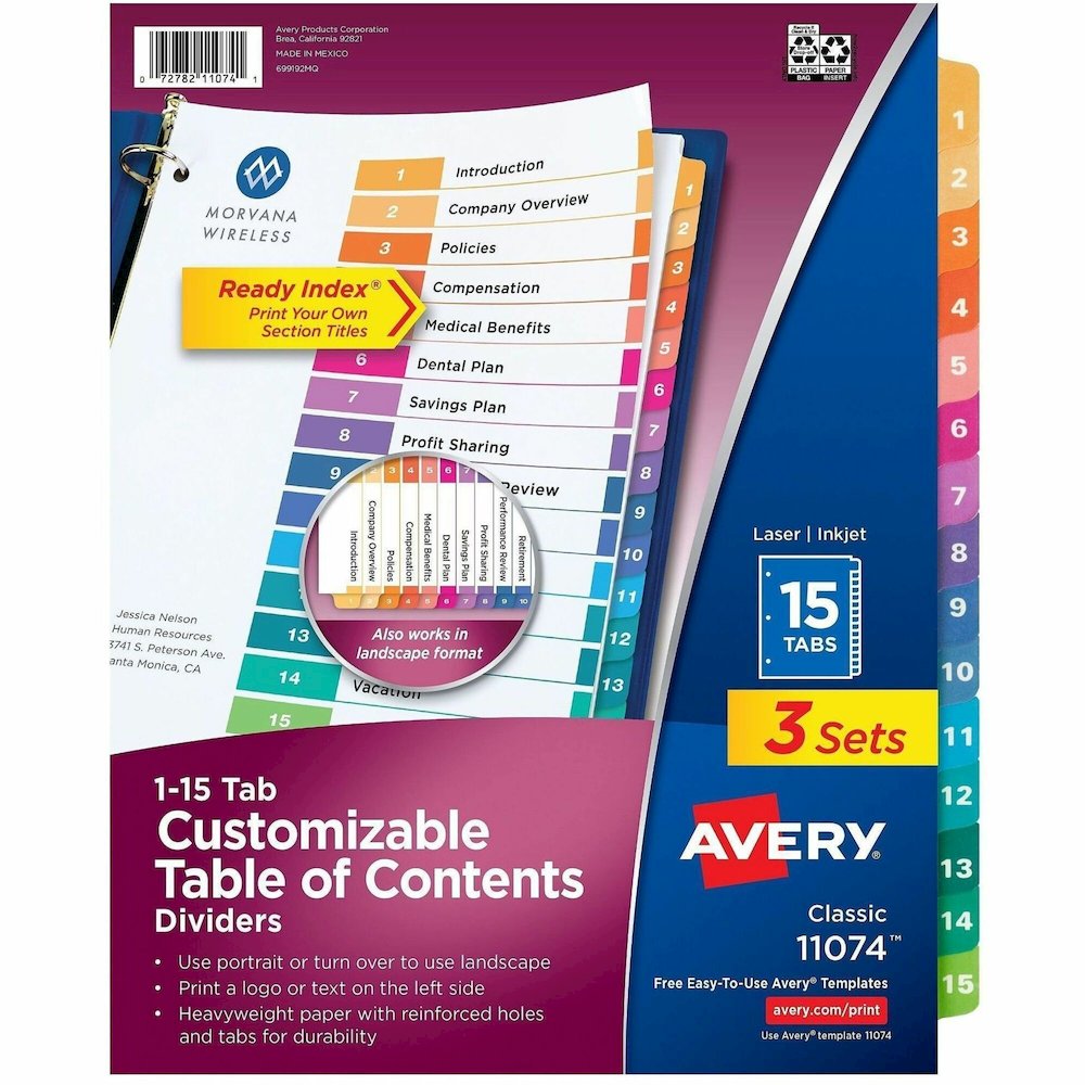 Avery Dividers, 15 Tabs, Ready Index, (3 Sets of 11074) - 45 x Divider(s) - 45 Tab(s) - Digit - 1-15 - 15 Tab(s)/Set - 8.5" Divider Width x 11" Divider Length - 3 Hole Punched - White Paper Divider - . Picture 1