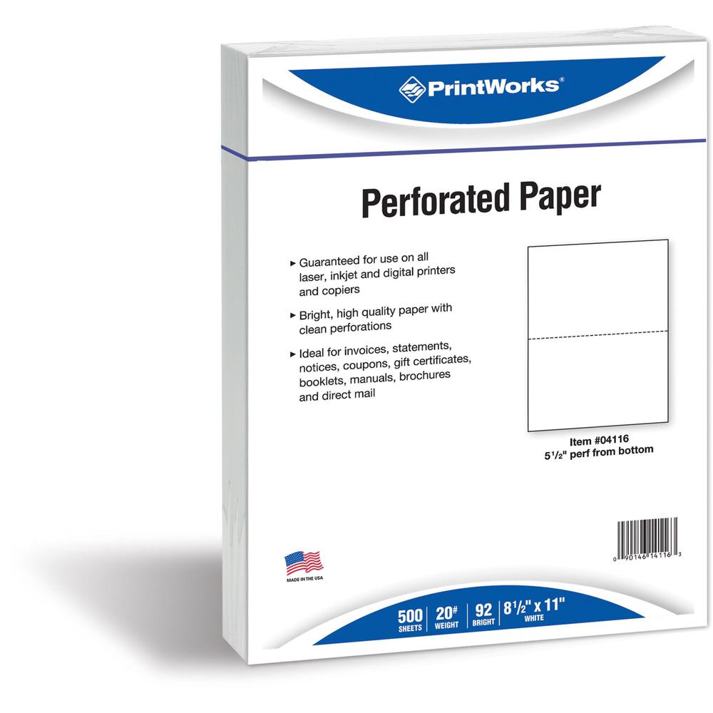 PrintWorks Professional Pre-Perforated Paper for Statements, Tax Forms, Bulletins, Planners & More - Letter - 8 1/2" x 11" - 20 lb Basis Weight - 500 / Ream - Sustainable Forestry Initiative (SFI) - P. Picture 1