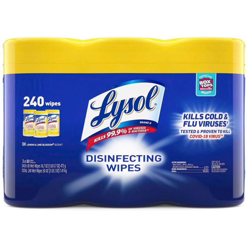 Lysol Lemon/Lime Disinfecting Wipes - For Multi Surface, Multipurpose - Lemon, Lime Blossom Scent - 80 / Canister - 3 / Pack - Pre-moistened, Deodorize, Disinfectant, Anti-bacterial - White. Picture 1