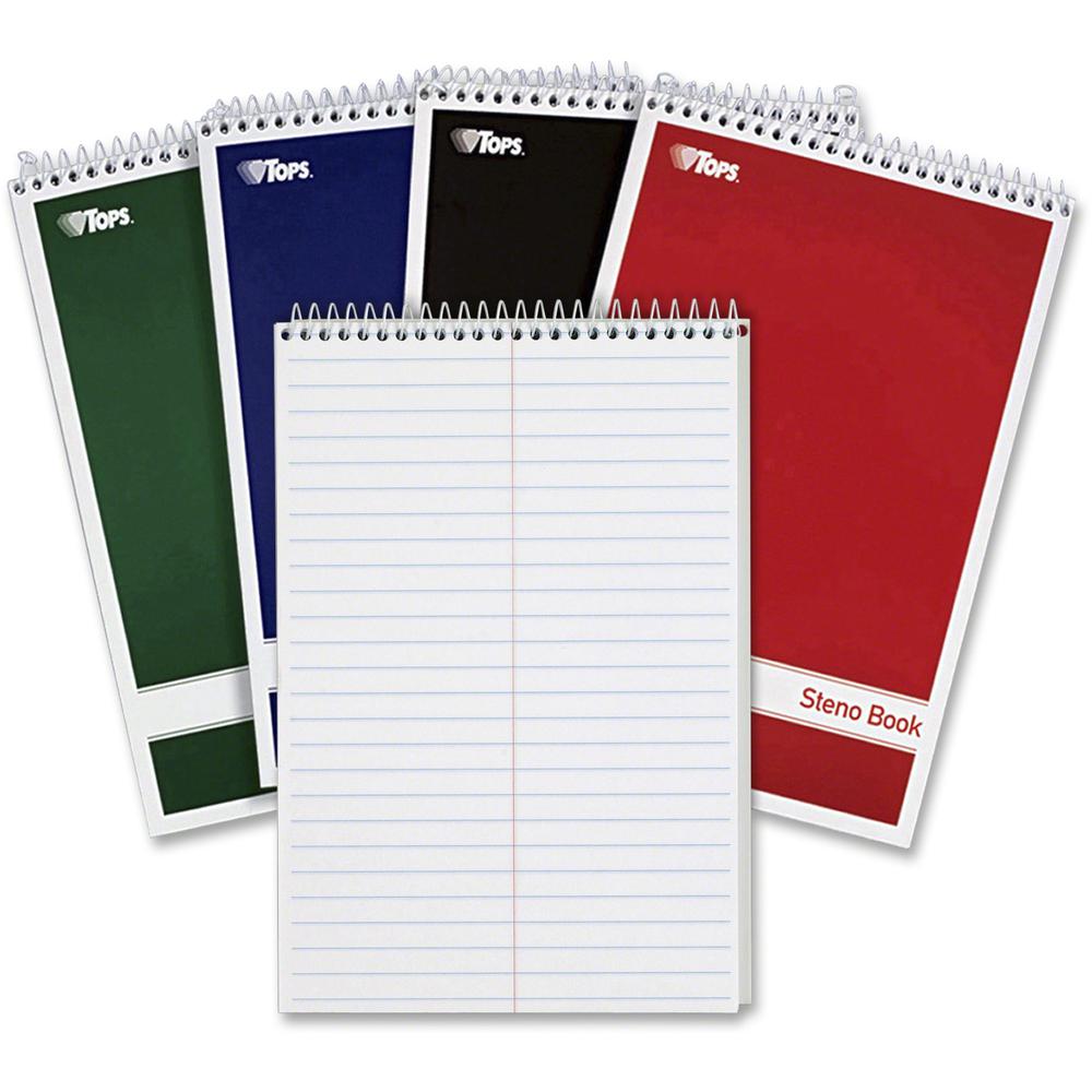 TOPS Gregg-ruled Steno Book - 80 Sheets - Wire Bound - 15 lb Basis Weight - 6" x 9" - 1.25" x 9" x 6" - White Paper - Red, Green, Black, Blue Cover - Durable Cover, Rigid, Chipboard Backing, Acid-free. Picture 1
