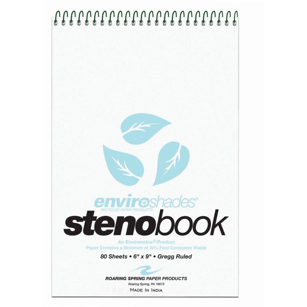 Roaring Spring Enviroshades Recycled Spiral Steno Memo Book - 80 Sheets - 160 Pages - Printed - Spiral Bound - Both Side Ruling Surface - Gregg Ruled Red Margin - 15 lb Basis Weight - 56 g/m² Gra. Picture 1