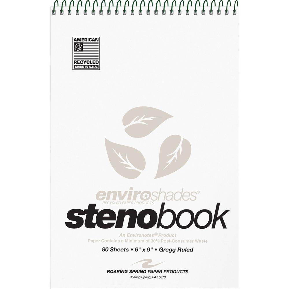 Roaring Spring Enviroshades Recycled Spiral Steno Memo Book - 80 Sheets - 160 Pages - Printed - Spiral Bound - Both Side Ruling Surface - Gregg Ruled Red Margin - 15 lb Basis Weight - 56 g/m² Gra. Picture 1