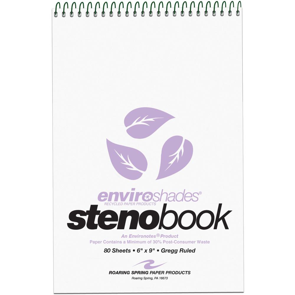 Roaring Spring Enviroshades Recycled Spiral Steno Memo Book - 80 Sheets - 160 Pages - Printed - Spiral Bound - Both Side Ruling Surface - Gregg Ruled Red Margin - 15 lb Basis Weight - 56 g/m² Gra. Picture 1