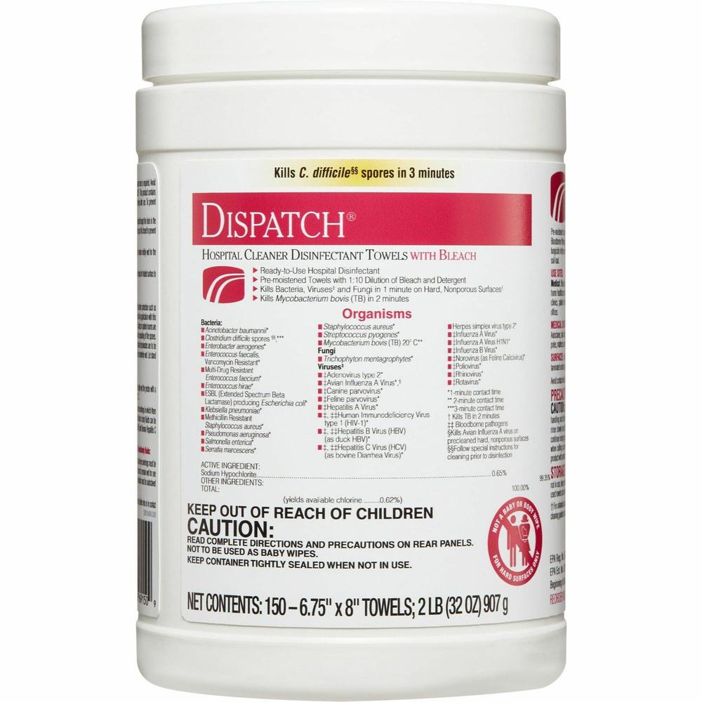 Dispatch Hospital Cleaner Disinfectant Towels with Bleach - Ready-To-Use - 32 oz (2 lb) - 8" Length x 6.75" Width - 150 / Canister - 1 Each - White. Picture 1