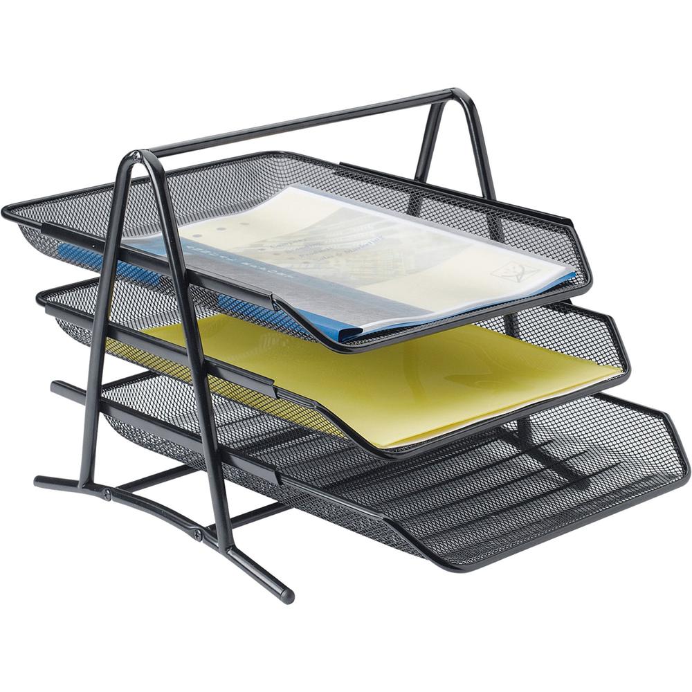 Lorell Mesh 3-Tier Mesh Document Tray - 11" Height x 10.75" Width x 14.25" Depth - Black - Steel - 1 Each. Picture 1