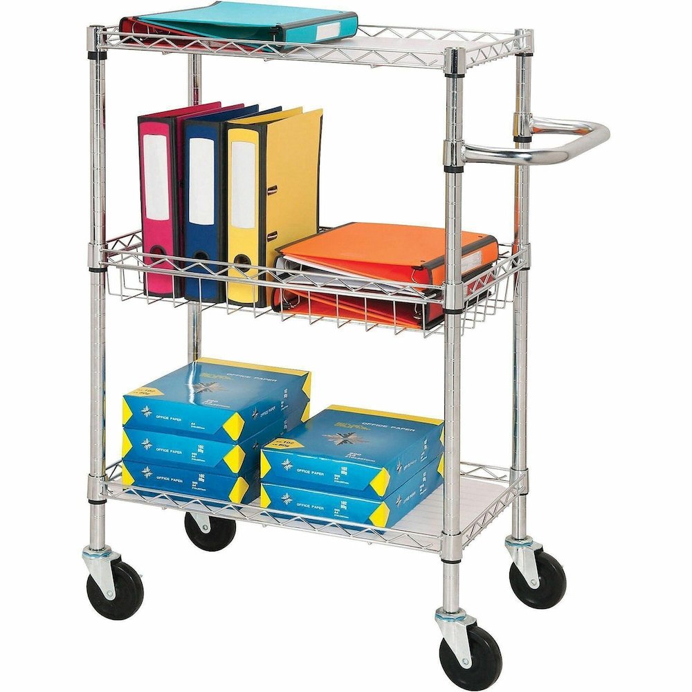 Lorell 3-Tier Rolling Cart - 99 lb Load Capacity - 4 Casters - Steel - 16" Width x 26" Depth x 40" Height - Chrome - 1 Each. Picture 1