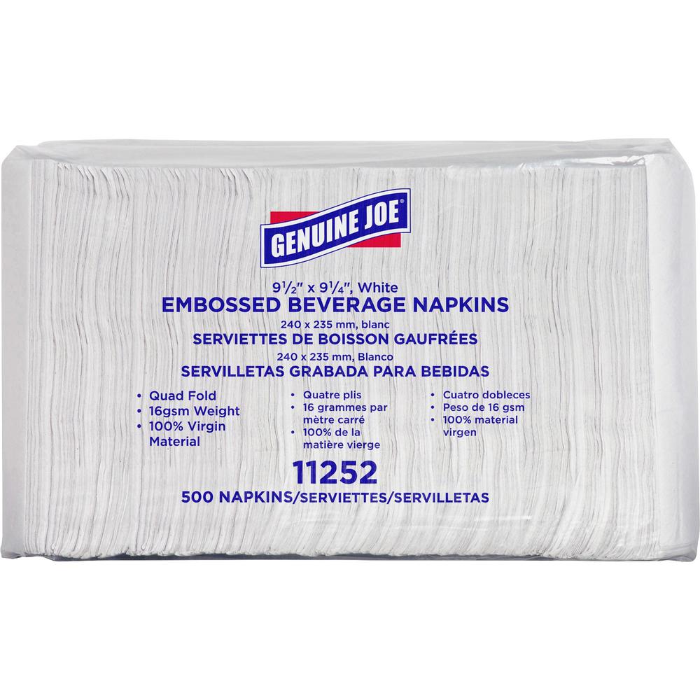 Genuine Joe Quad-fold Square Beverage Napkins - 1 Ply - 1/4 Fold - 9.50" Width x 9.50" Length - White - 500/Pack - 8 / Carton. Picture 1